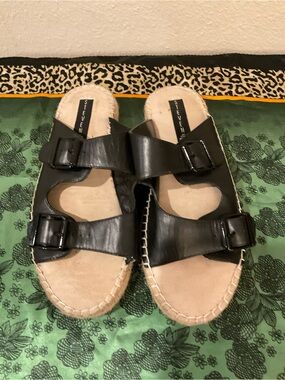 Steve Madden Black Leather Espadrille Slides Size 9